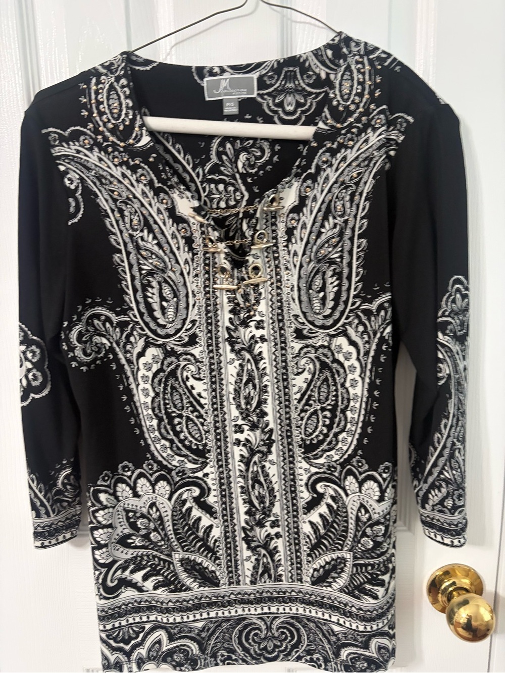 JM Collection Black and White Paisley Lace-Up Tunic